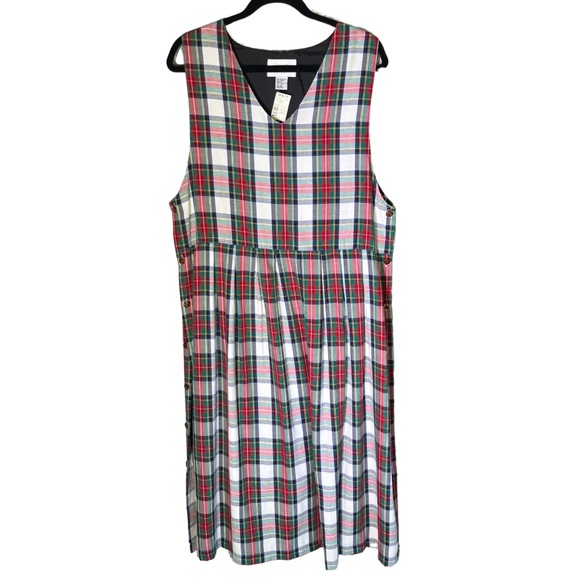 Vintage Dresses & Skirts - Baxter Wells Jumper Dress 12 White Red Blue Plaid Side Buttons Academia NWT VTG
